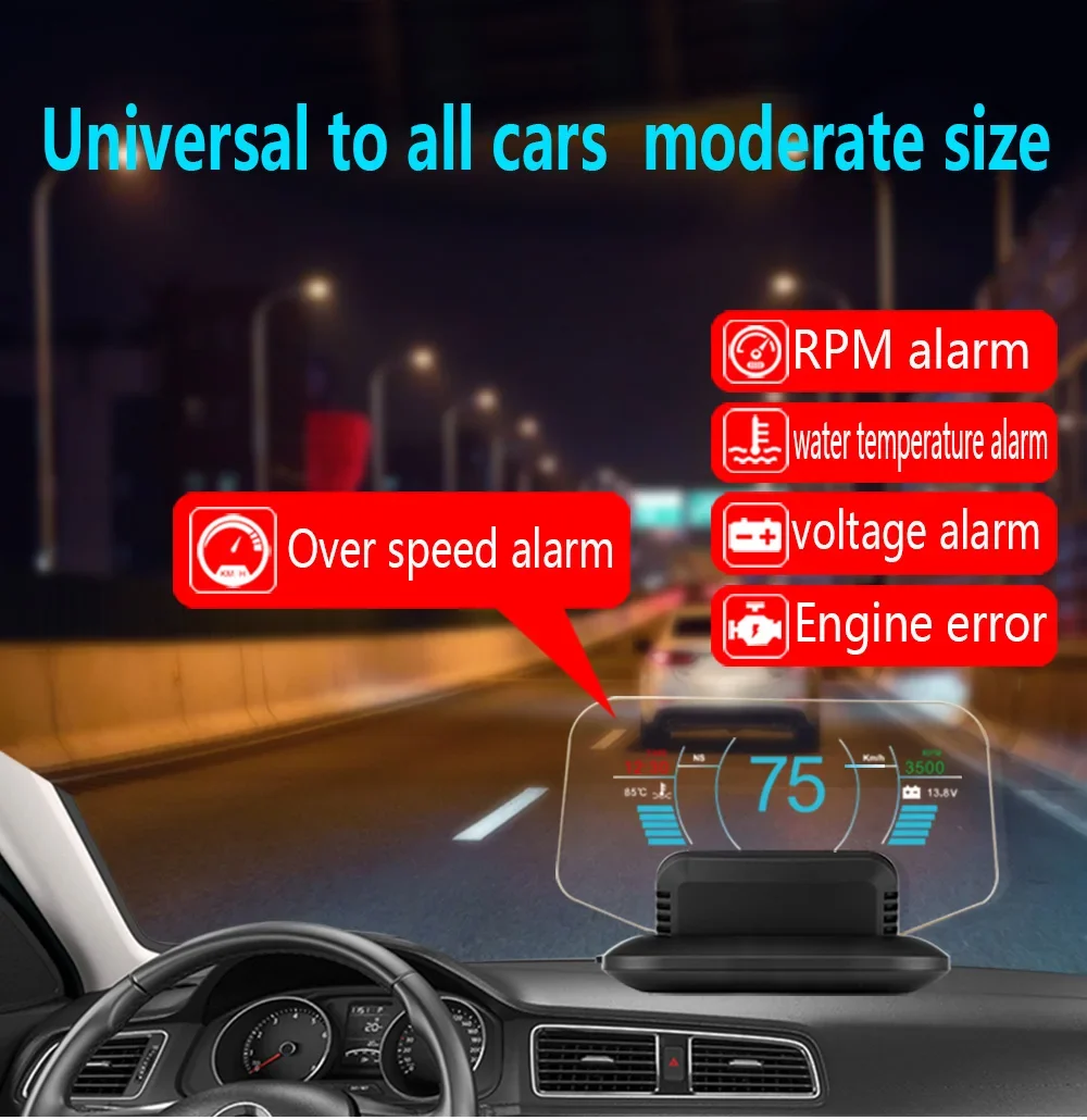 HUD Head Up Display C1 OBD2 GPS Dual System Digital Speedometer Water & Oil Temp RPM navigation Overspeed Warning Projection