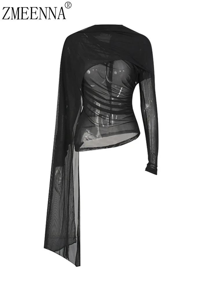

ZMEENNA женский черный сетчатый топ с длинными рукавами на одно плечо, асимметричная драпированная блузка, прозрачная облегающая рубашка ZM4643