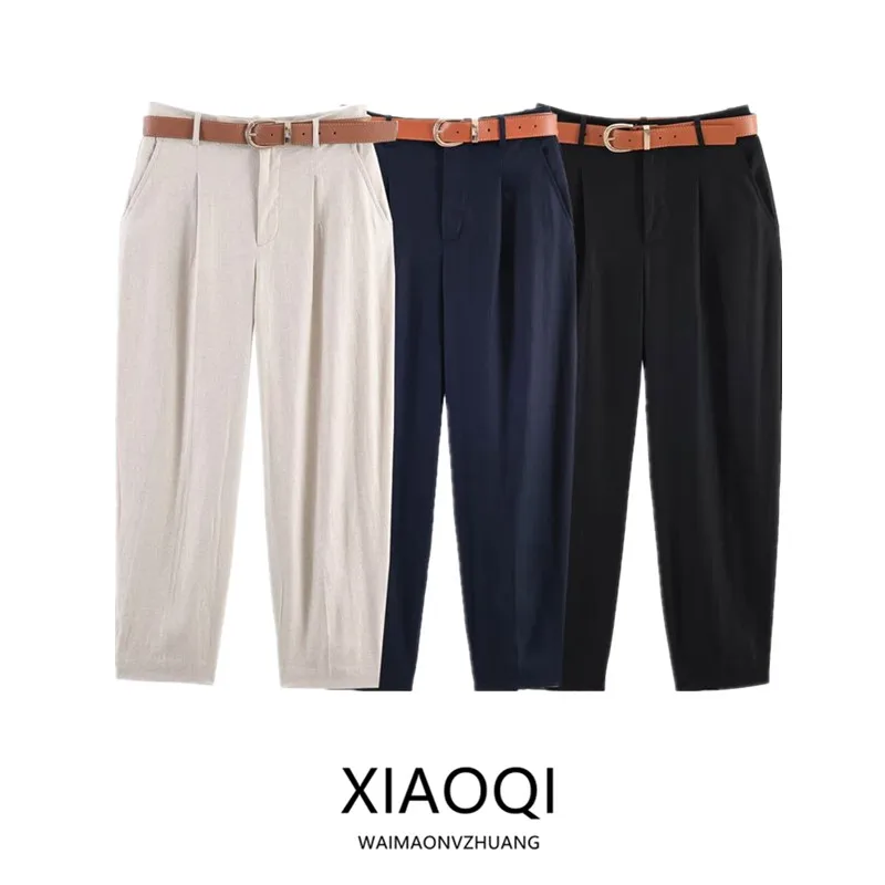 

New 2026 Spring Summer Women's Casual Trousers Linen Material Pleated with Belt Natural Waist Small Footed Pants