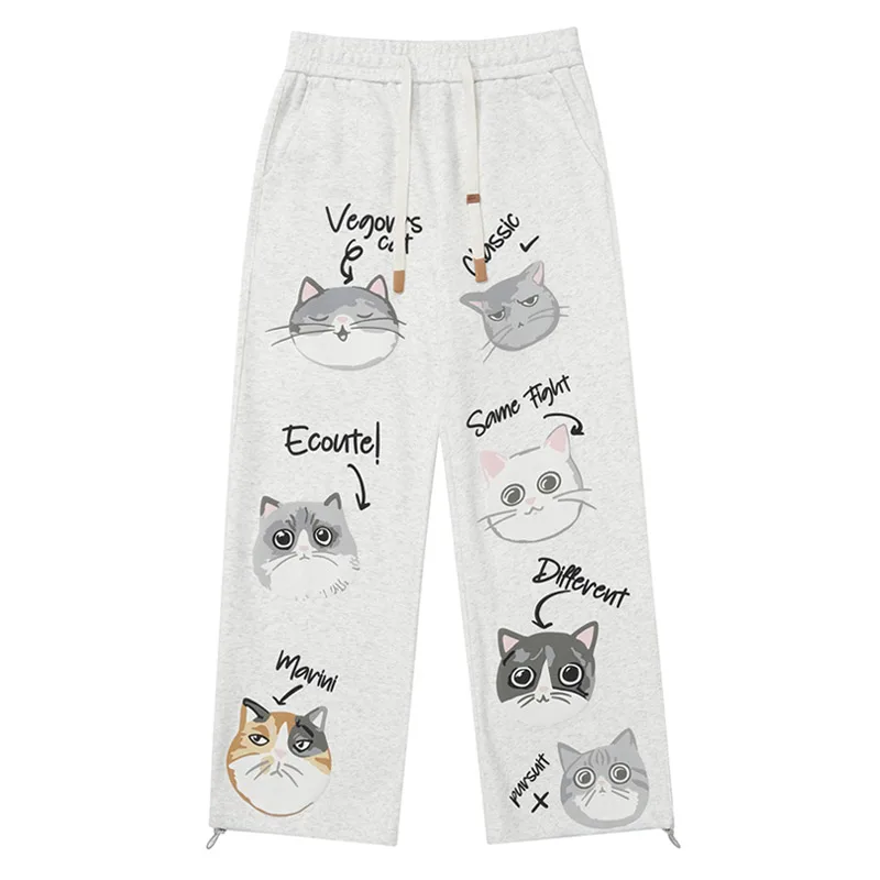 Men Sweatpants Cartoon Cat Printed Sports Casual Baggy Pants American Retro Versatile Straight Wide Leg Trousers Unisex