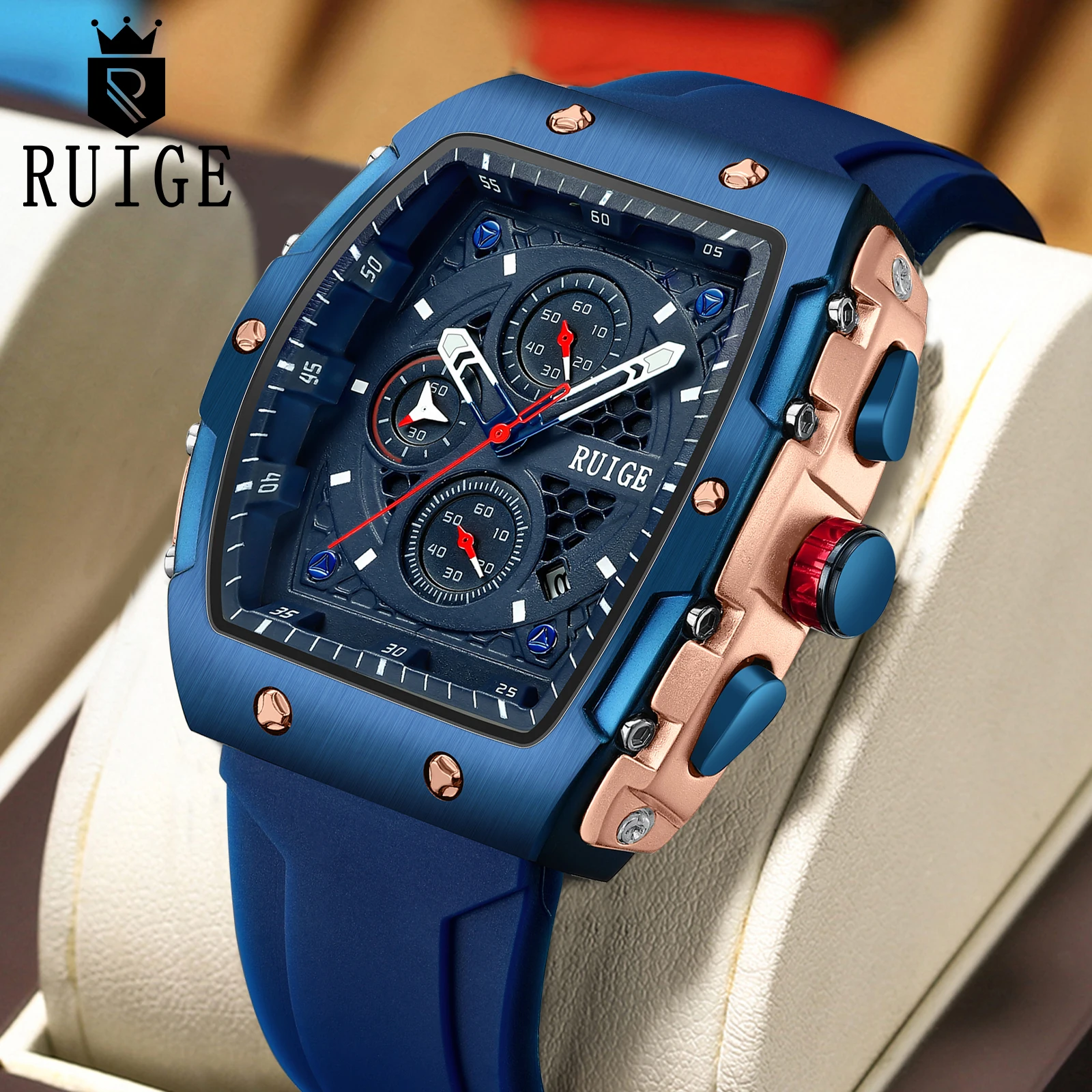 Reloj de cuarzo para hombre RUIGE con forma de barril de vino, multifuncional, con luz nocturna, resistente al agua, moderno, modelo N11