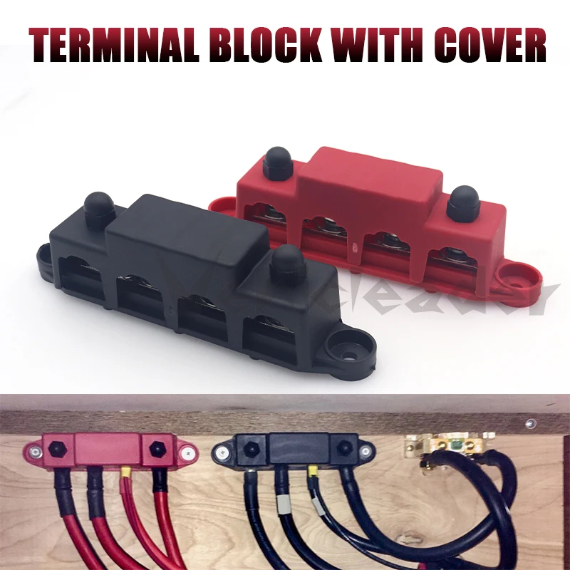 12V 250A M8 M10 Positive Negative Bus Bar Terminal Battery 4 Post Power Distribution Block With Cover for Camper Boat RV Truck