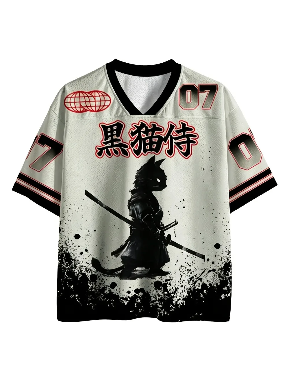 Cartoon Black Cat Soldier D Print  Sport Quick-dry Breatha Men V-neck T-shirt  Outdoor Street Casual Y2K  Parent-child Clothing