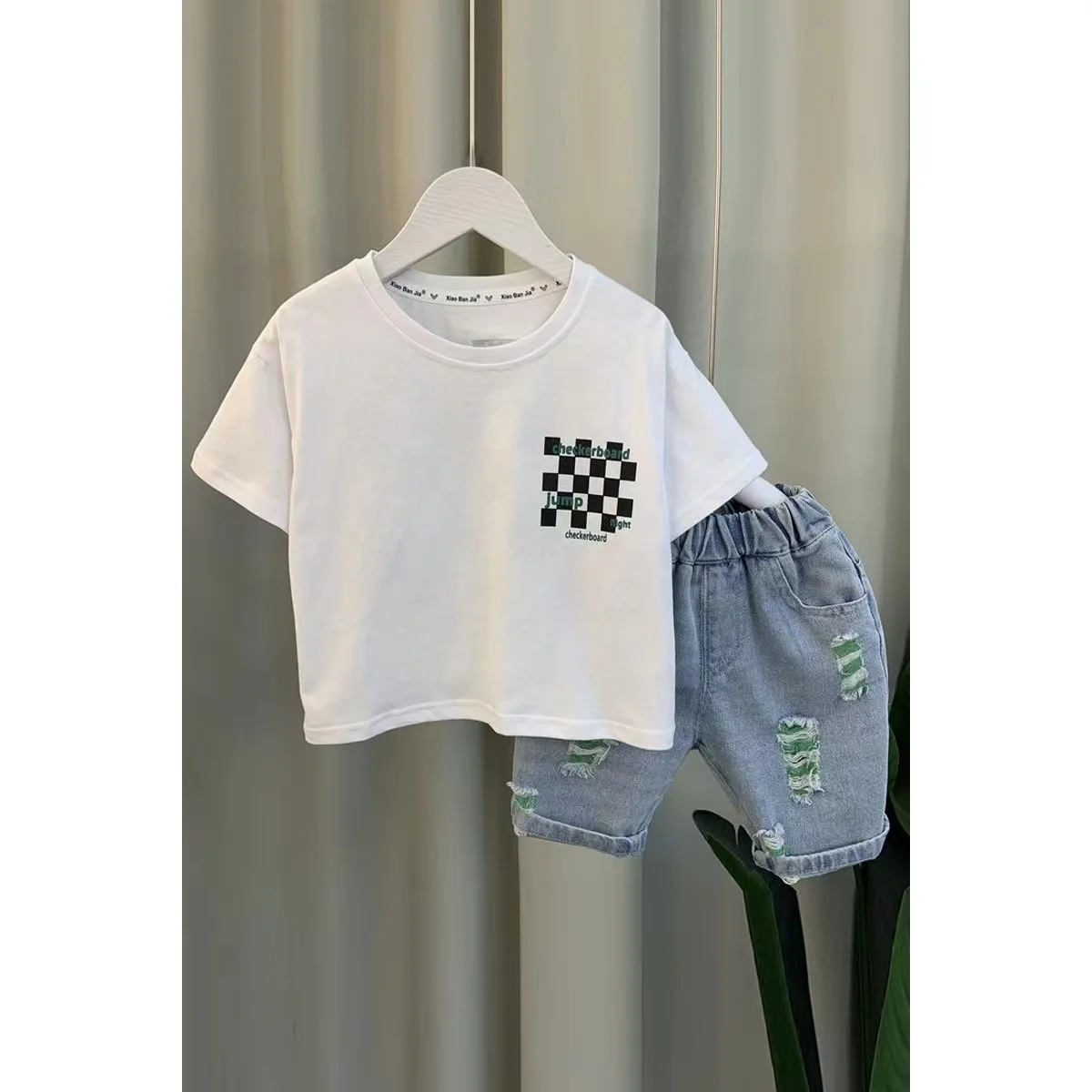 Vestiti estivi per neonati Nuovi vestiti per bambini Manica corta Girocollo Pullover Top e pantaloncini di jeans Sport Due pezzi 1-9T Set