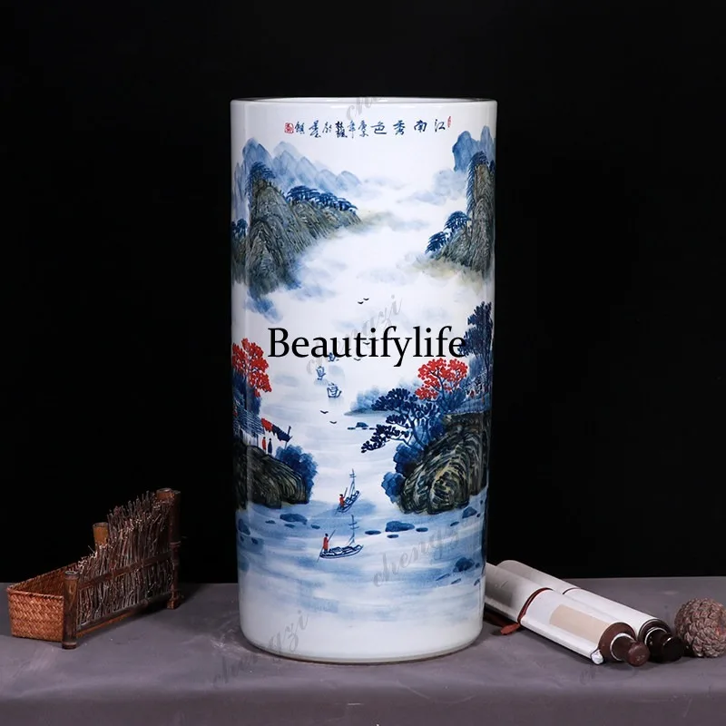 Ceramic hand-painted floor quiver large vase Chinese study living room painting cylinder scroll ornament
