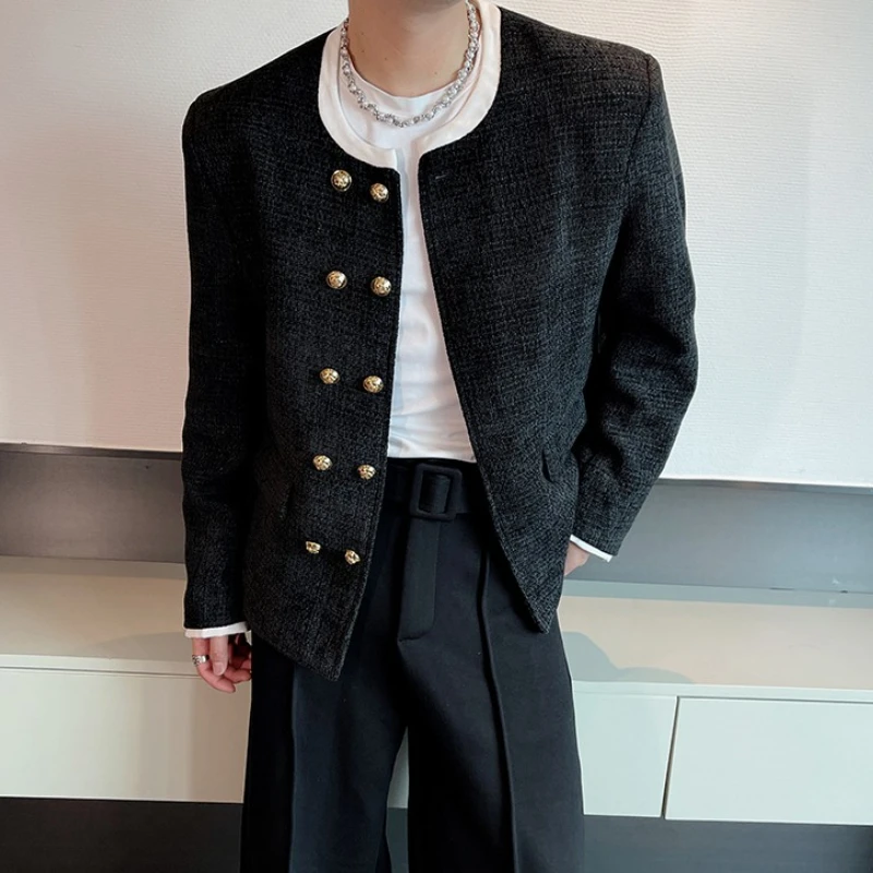 

Осенне-зимняя металлическая двубортная куртка, мужская корейская короткая куртка без воротника, свободная повседневная социальная куртка, уличная верхняя одежда