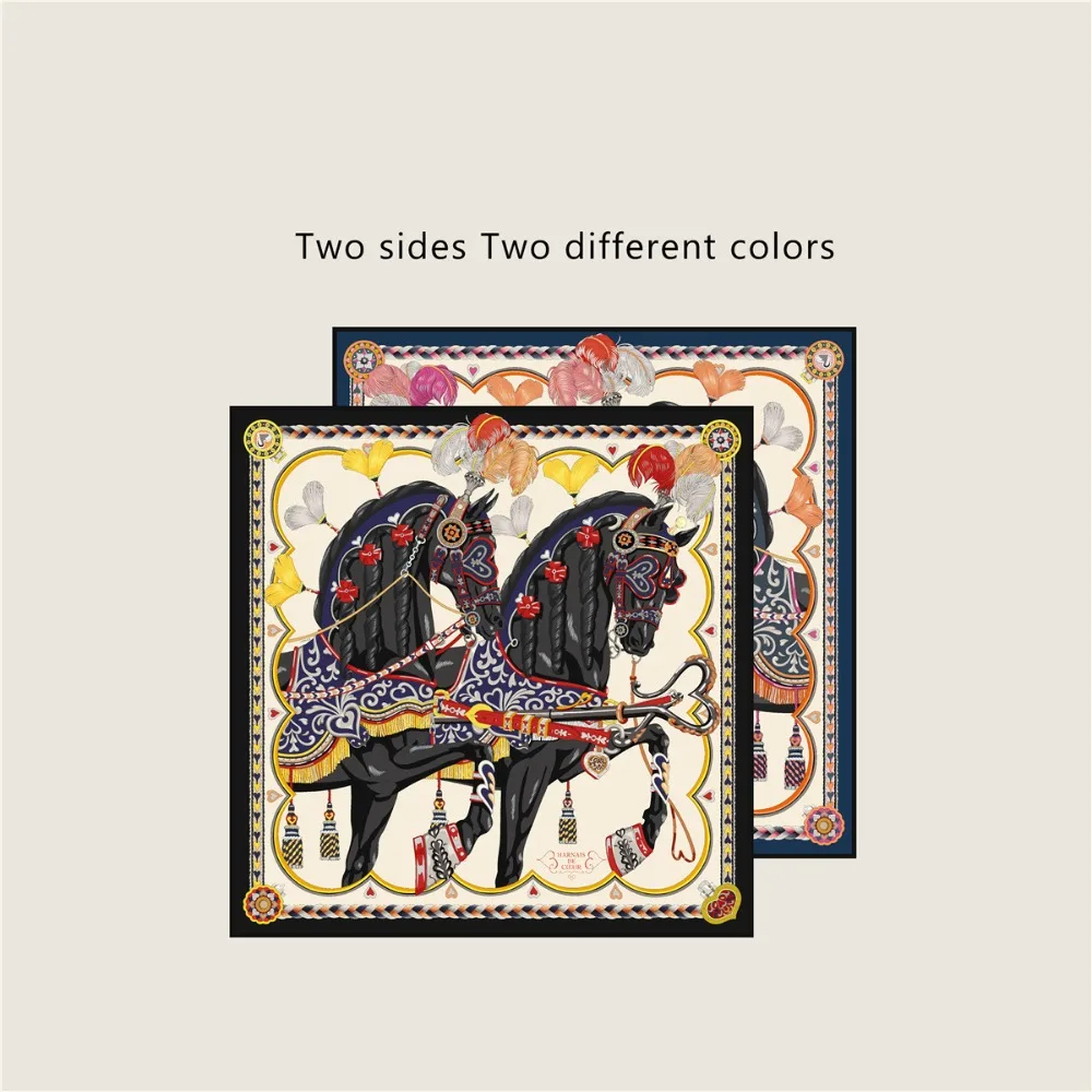 

90cm Silk Scarf Hourse Pattern Double Printed Square Scarf Luxury Design Echarpes Foulards Hijabs For Women Accessories