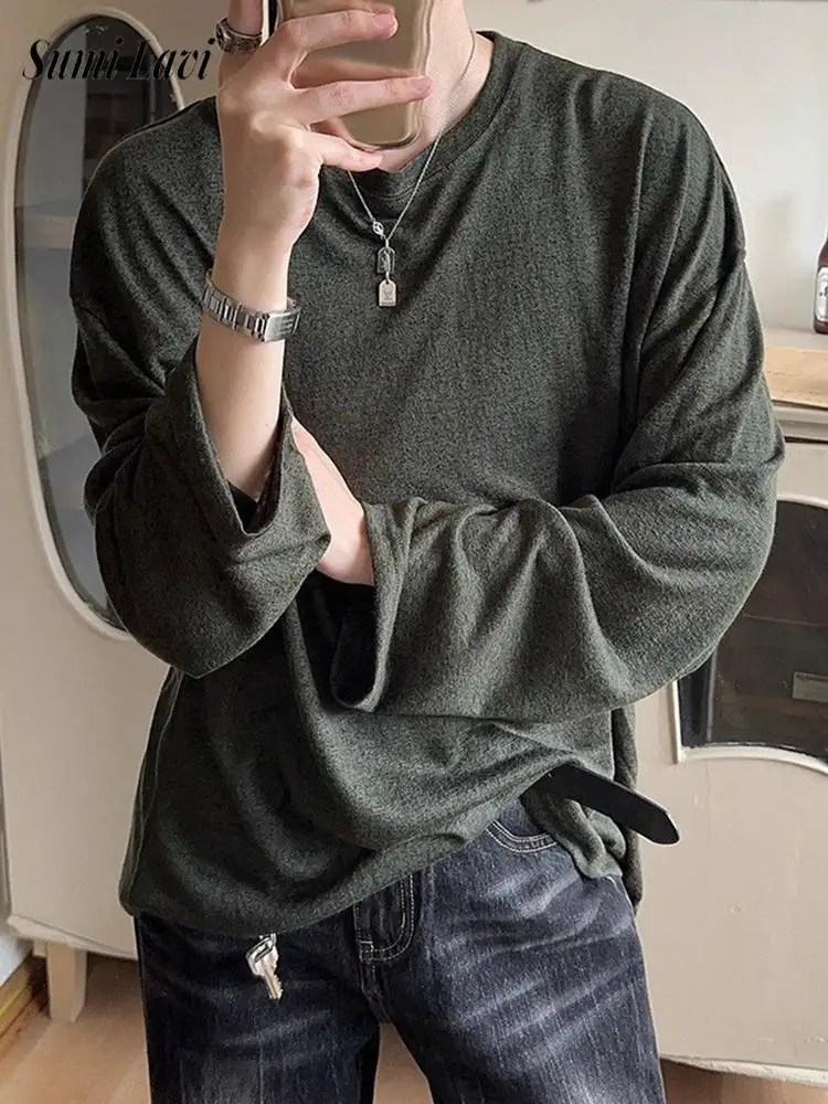 

Модные однотонные мужские свободные футболки, весенне-осенние стильные футболки с длинным рукавом и круглым вырезом для мужчин, повседневная повседневная дышащая футболка