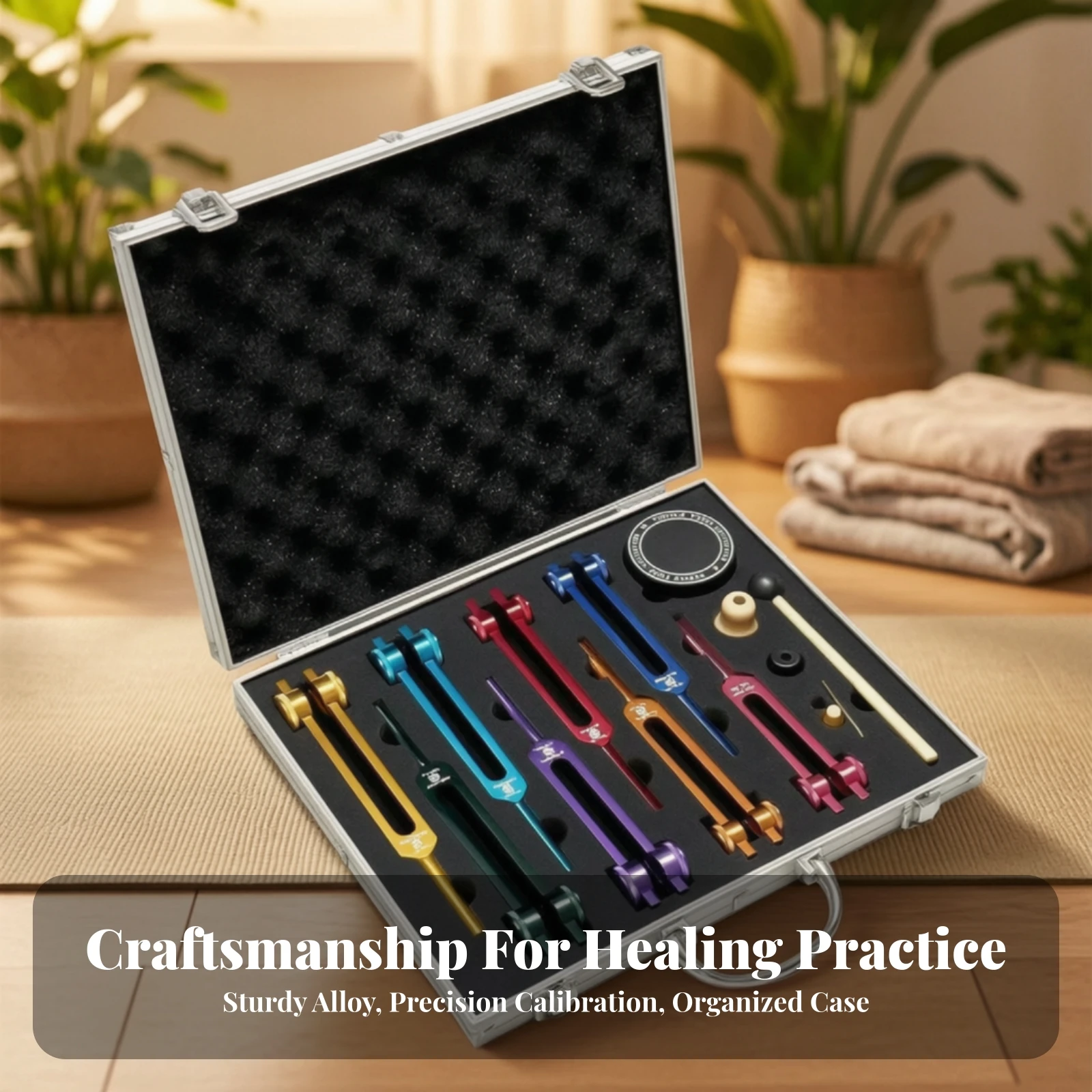 8 Pieces Tuning Fork Set with Case Engraved Energy Center Tuning Forks with Rubber Mallet Sound Healing Tool Multi-Color
