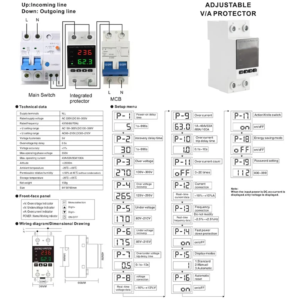 

40A/63A 230V Din Rail Adjustable Over Voltage and Under Voltage Protective Device Overcurrent Overvoltage Protector Reset Switch
