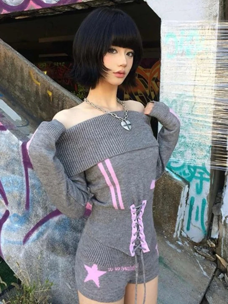 

American Vintage Sweaters Matching Sets Slash Neck Long Sleeve Bandage Pullovers+high Waist Shorts Y2k Streetwear Women Clothing