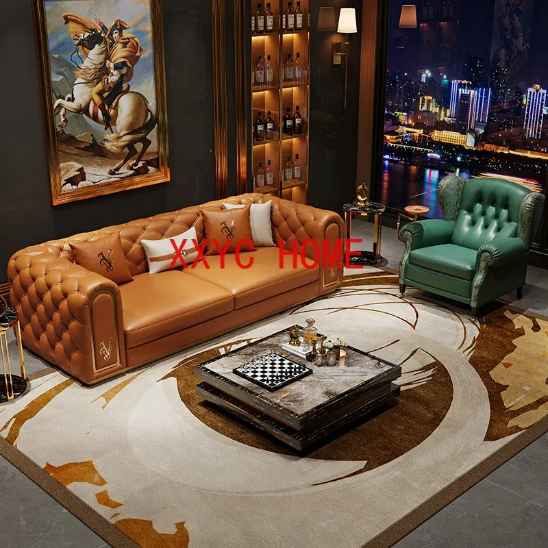 

Three-Seat Straight Living Room Modern High-End Luxury American Pull Buckle Leather Sofa