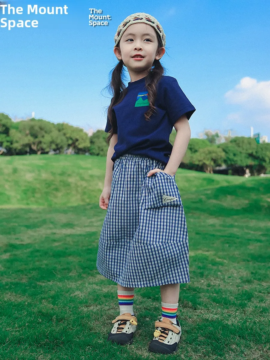 

Outdoor Children's Outfit Summer New Plaid Skirt T-Shirt Two-Piece Set for Girls Breathable Thin Model Shot Spring Autumn