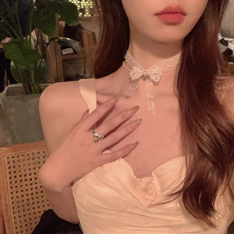 Choker Necklace White Lace Double Layer Pearl Bow Sweet Womens Elegant Jewelry Romantic Party Gift High Quality Durable