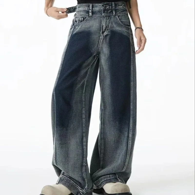 Men Y2K Double Waist Gradient Washed Jeans Two-Tone Vintage Wide Leg Baggy Denim Trousers