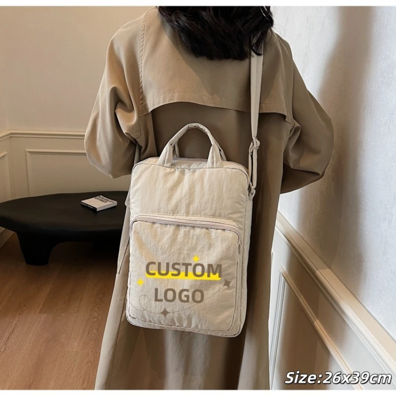 カスタムロゴ入り韓国風パッド入りノートパソコンバッグ、軽量ナイロン製ノートブックスリーブ、女性用カジュアルハンドバッグ＆クロスボディバッグ