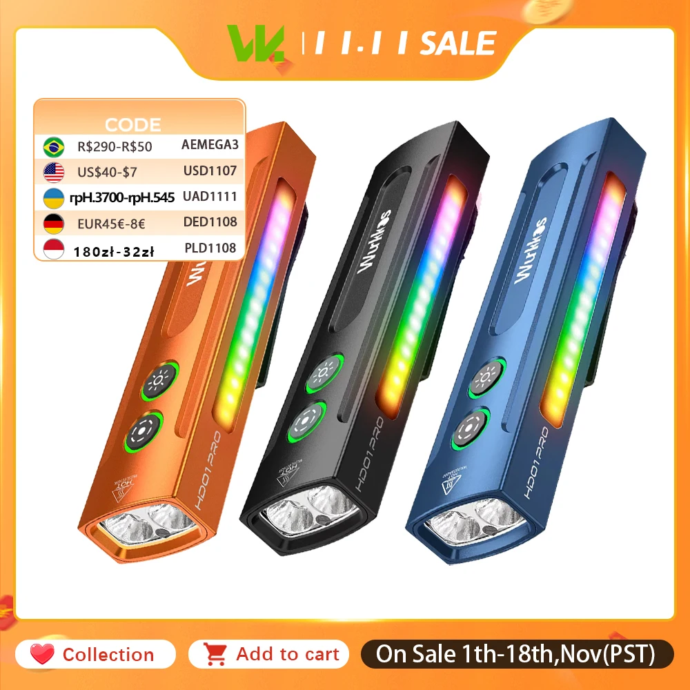 Wurkkos HD01 PRO 6-in-1 Flashlight with White UV Side Light Working Handle Flashlight with Magnetic 1200Lm for Outdoor Camping
