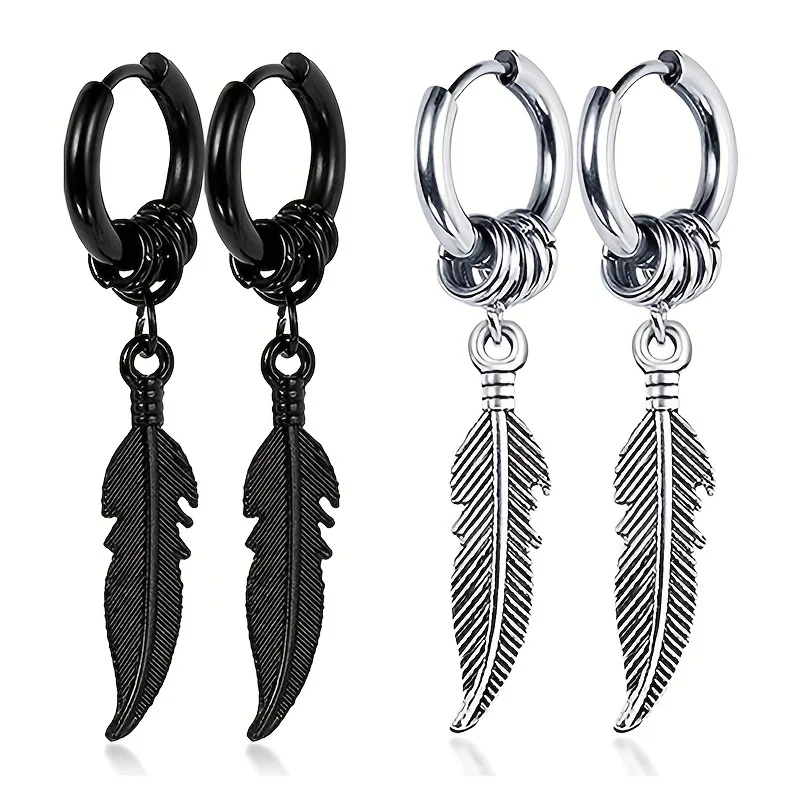 1pair Unisex Punk Hip Hop Style Stainless Steel Feather Shaped Stud Earrings for Men Women Vintage Piercing Ear Jewelry