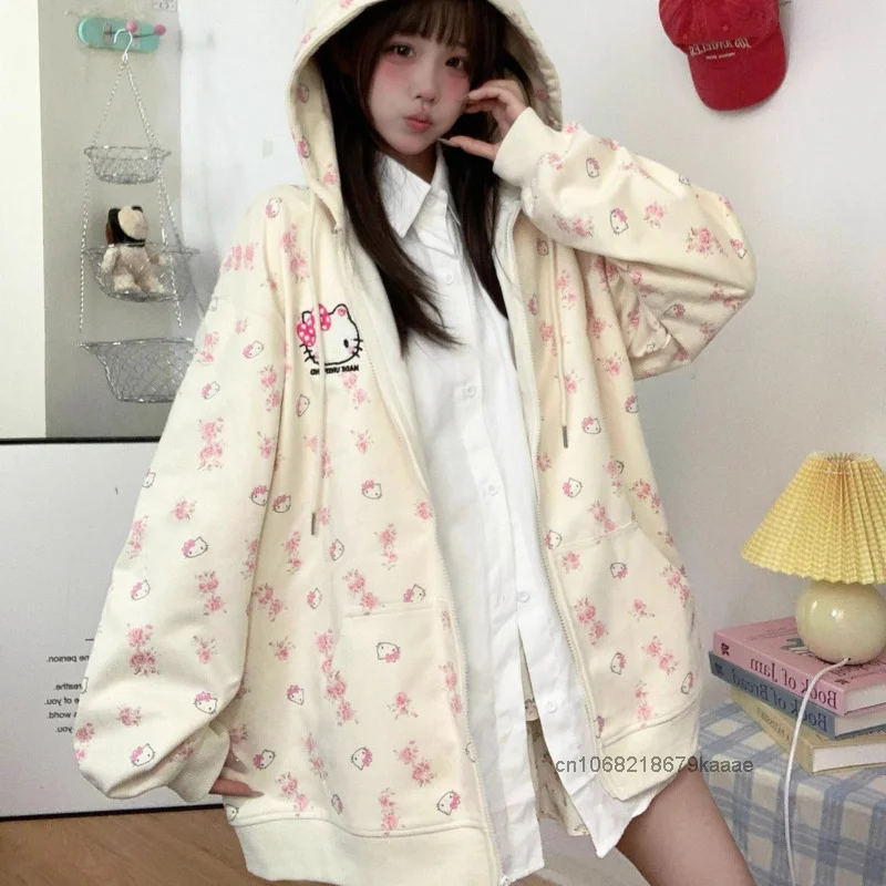 Sanrio Hello Kitty Cute Cat Hoodie Women\'s Autumn Winter New Loose Lazy Cardigan Japanese Style Y2k Sweet Soft Girl Trendy Coat