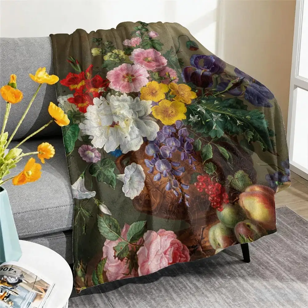 Floral Still Life Painting Throw Blanket Soft Flannel Throw Lightweight Summer Home Nap for Office Travel Sofa Bed