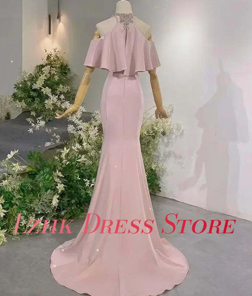 تخصيص رشيقة الساتان حورية البحر كريستال الكشكشة مساء اللباس جودة عالية قصيرة الأكمام طاقم الرقبة الطابق طول فساتين السهرة