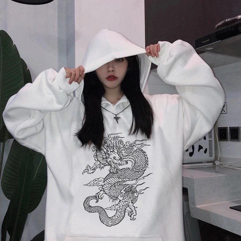 Hoodie Cute Hip Hop Women Hooded Sweatshirt Dragon Print Casual Unisex Streetwear Harajuku D Kawaii Y2k Clothes Tops Hoodies