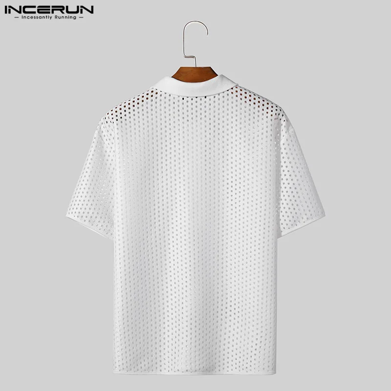 Fashion Well Fitting Tops INCERUN Mens Hollow Stand Collar Design Shirts Casual Streetwear Male Solid Short Sleeved Blouse S-5XL