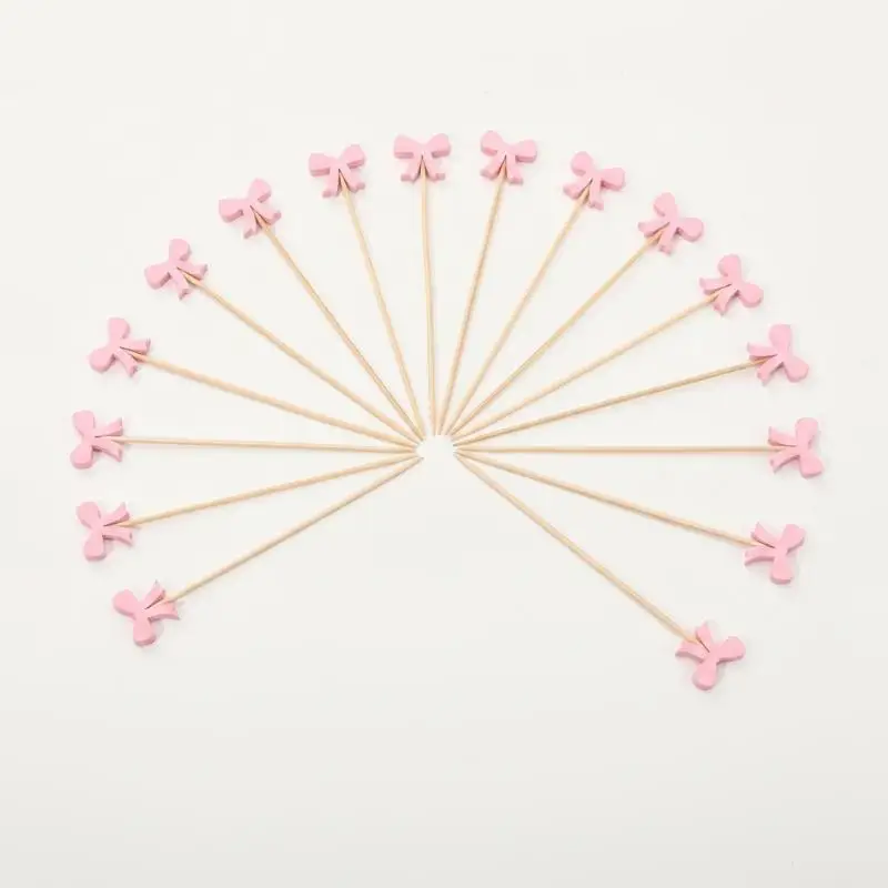 Bow Design Wooden Cocktail Picks 100Pcs Disposable Bamboo Fruit Skewers for Home Party Catering Appetizer Dessert