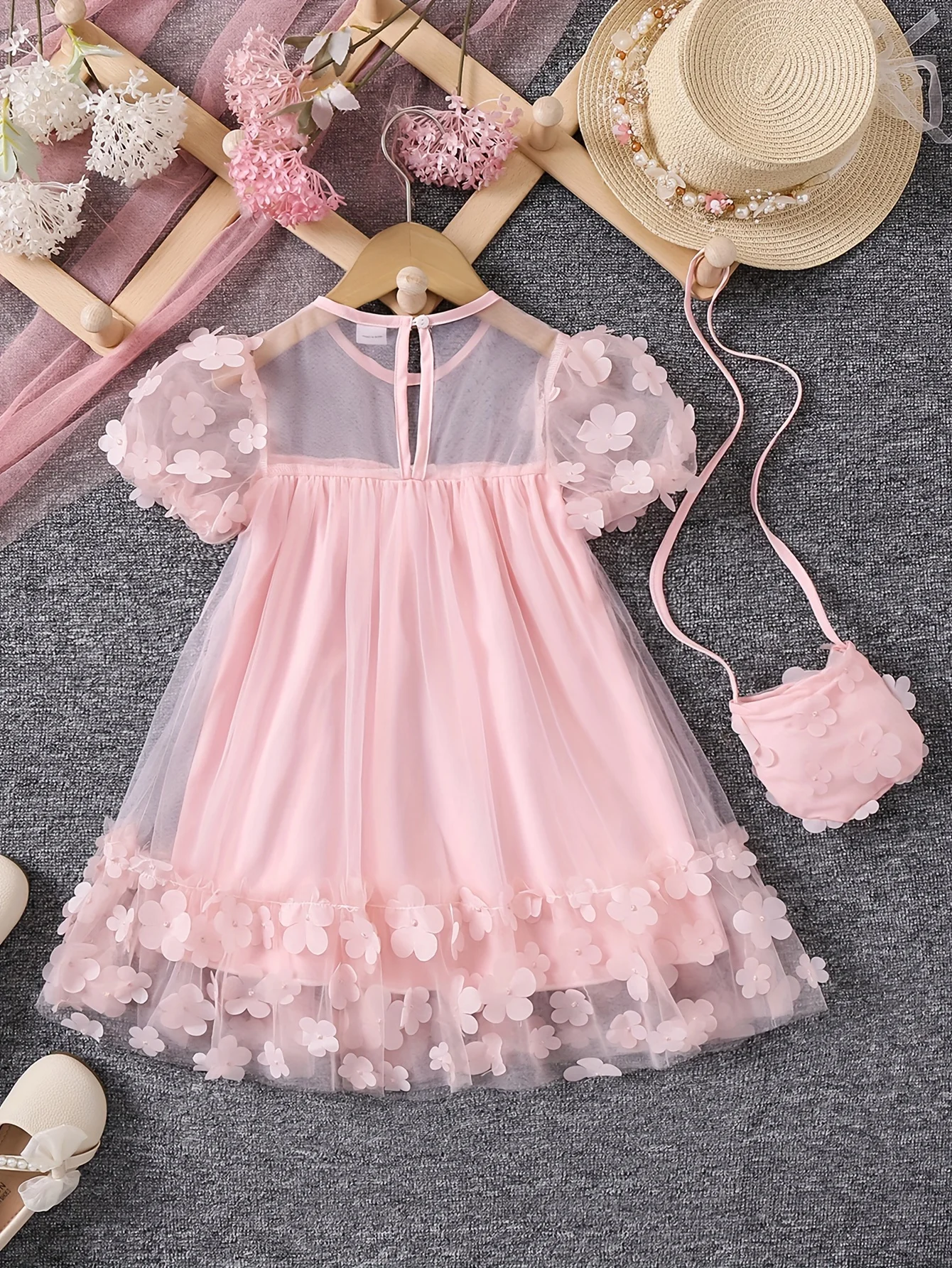 Girls Summer Mesh Splicing Three-dimensional Flower Fashion Princess Dress with Crossbody Bag Dress