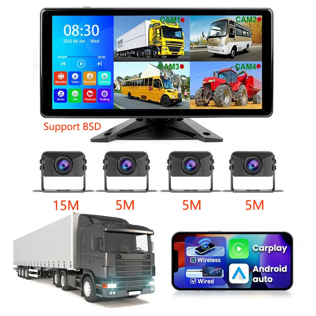 10.36Inch Truck Camera Monitor System 4 Channels BSD Alarm MP5 Touch Screen DVR Vehicle Video Recorder AHD 1080P Reverse Camera
