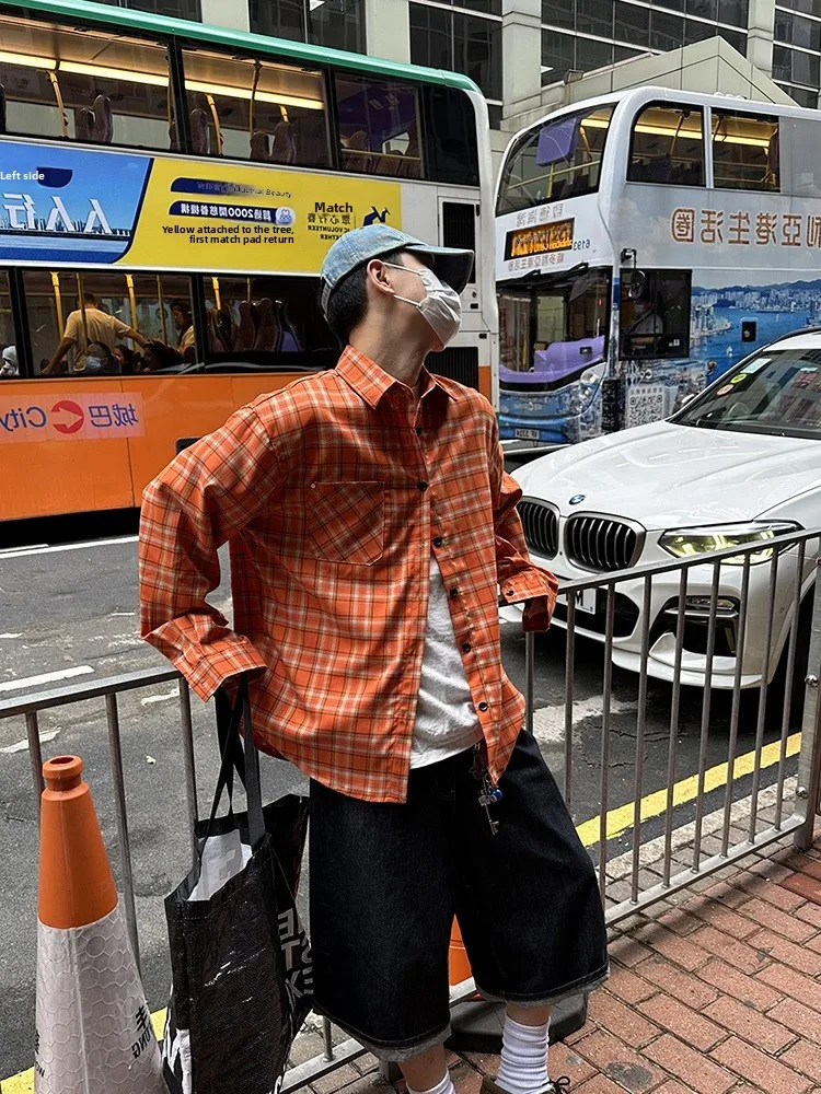 

Американский Ретро Оранжевый Клетчатый Длинный Свек Повседневный Свободный Мужской irt Дышащее Полиэфирное Волокно Молодежь MOB All Seasons irt