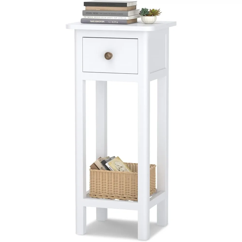 

Narrow Side Table with Drawer and Shelf, Acacia Wood Nightstand for Living Room, 2-Tier Bedside Table for Small Space