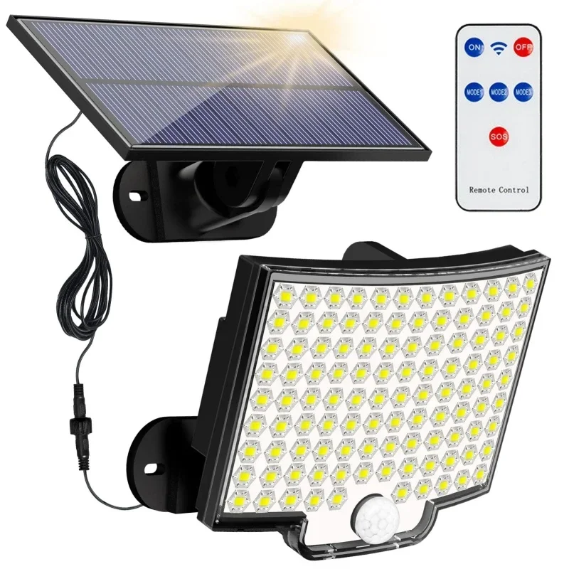 Poderosa lâmpada solar LED com 3 modos de trabalho, sensor de movimento, controle remoto, holofote, ao ar livre, jardim, quintal, impermeável parede luz