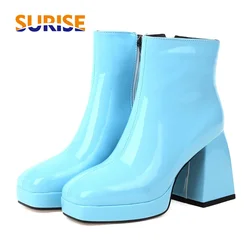 Glossy Patent Leather Ankle Boots Women High Block Heels Red Blue Black Party Dress Lady Winter Square Toe Platform Short Boots