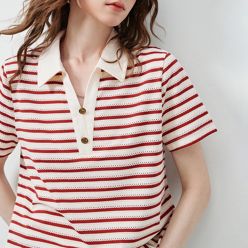 TOYOUTH Women's T-Shirt 2026 Summer New Hollow Stripe Color Block Polo Collar Nautical Top, Loose Fit Vintage Tee image 4
