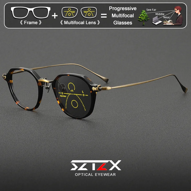 SZTZX Classic Unisex Titanium Polygon Small Frame Myopia Glasses Anti Blue Ray Photochromic Progressive Prescription Eyeglasses