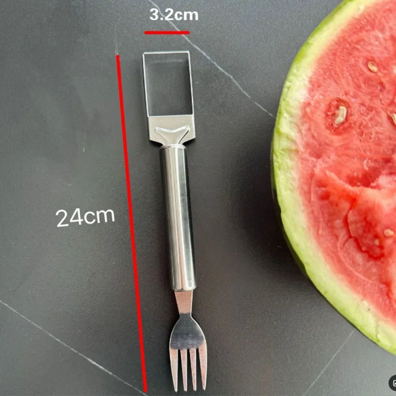 1pc 2-in-1 Stainless Steel Fruit Cutter Dual Head Watermelon Fork Cutter Slicer Tool For Home Kitchen Gadget Melon Cube Cutter