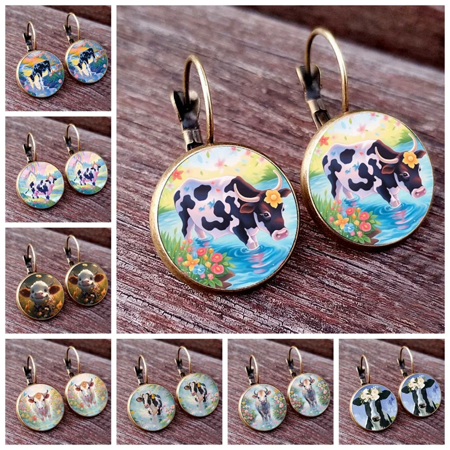 2024 Cute Cow Earrings Colored Cow Glass Cabochon Womens Earrings Liking Diligent Cow Ladies Jewelry Earhook Gifts