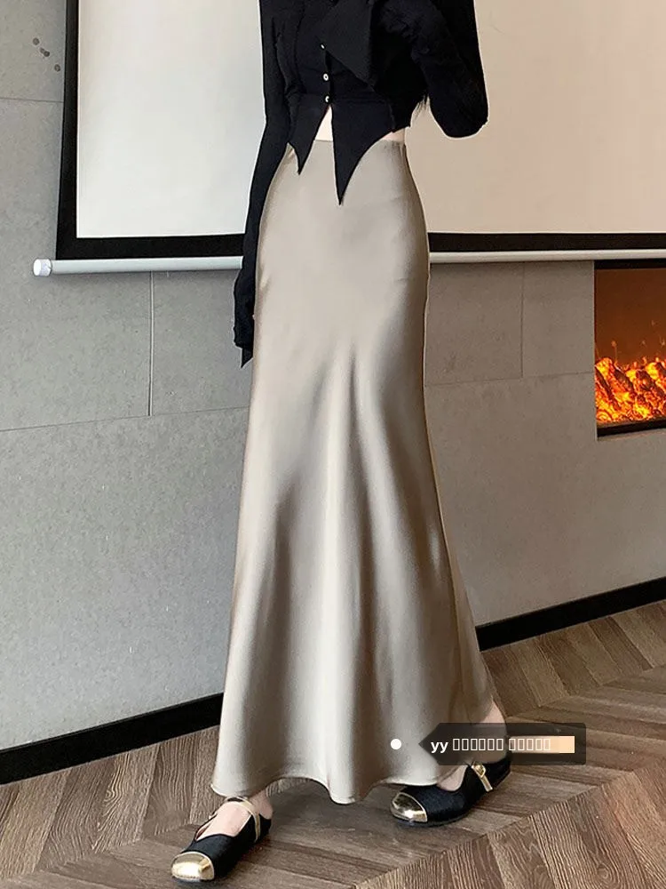 

Champagne Satin Fi Tail f Skirt Women's Winter New Sle High Waist A-Line Long Wrap Body Skirt Casual Asymmetrical