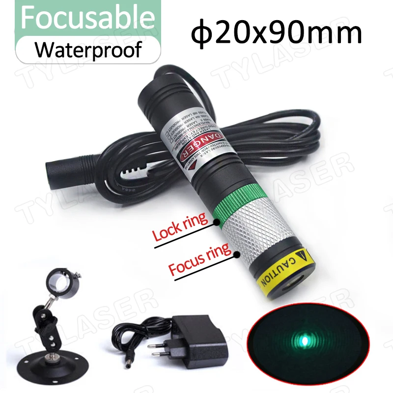 Waterproof Glass len D20X90 Focusable 505nm Green Dot Laser Module 10/30mW for Cutting Positioning Free with Bracket and Adapter