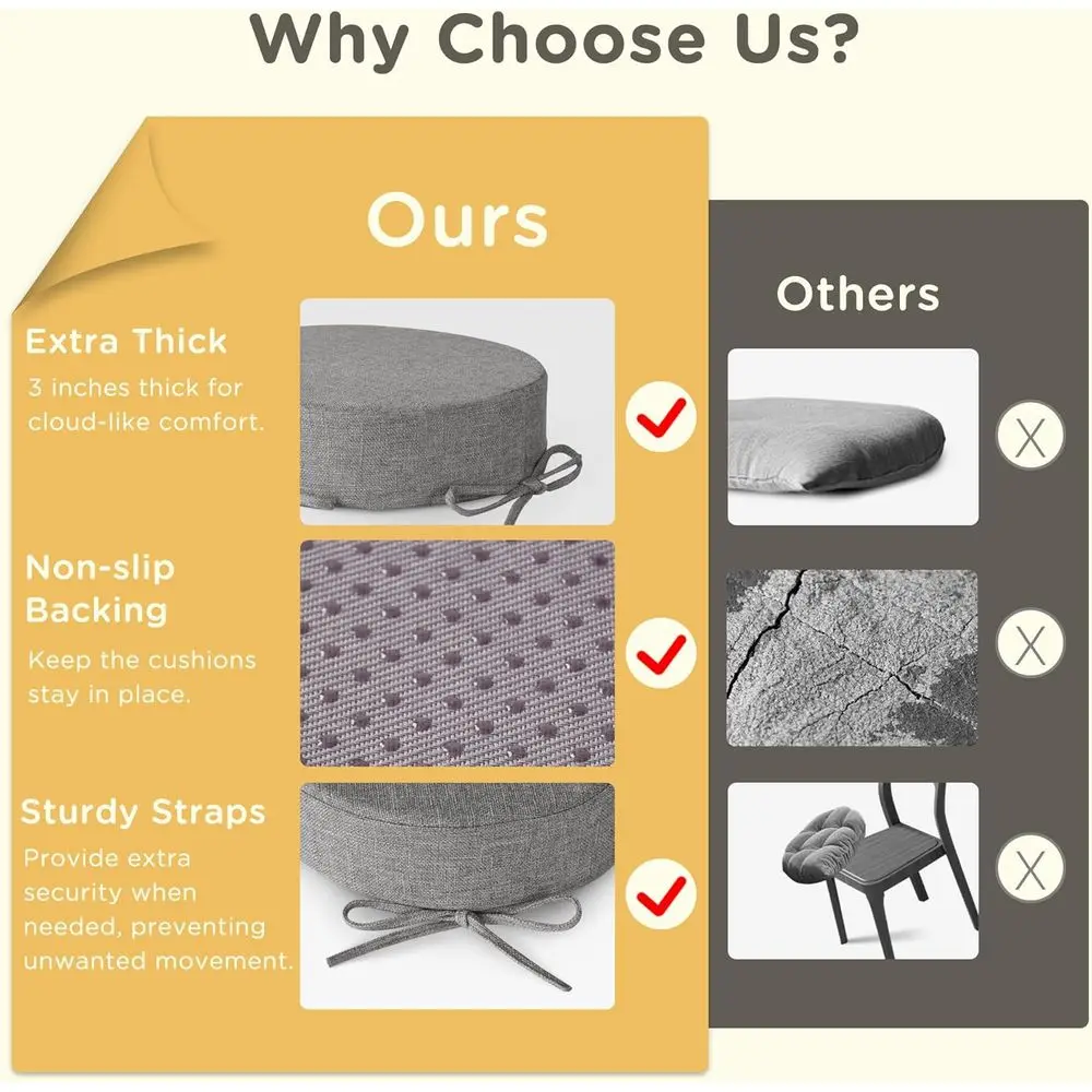 4-Pack 12 Light Grey Round Chair Seat Cushions, 3 Thick, Non-Slip, Machine Washable Bistro Bar Stool Pads