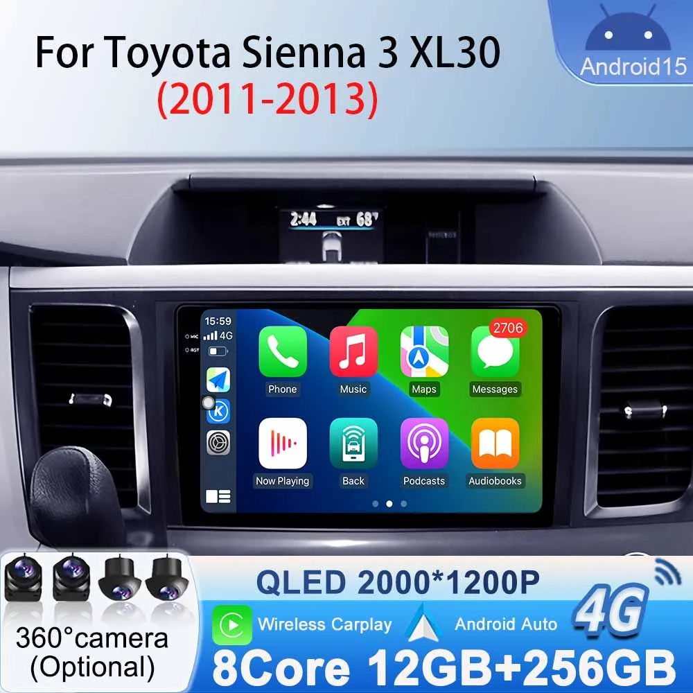 

For Toyota Sienna 3 XL30 2010 - 2014 Wireless Carplay GPS Navigation Multimedia Player Car Radio WiFi Android Auto Stereo 4G DSP