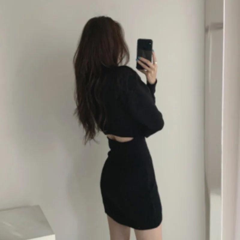 Women\'s Knitt Dress Autumn/Winter Round Neck Sexy Wrapped Hip Dress Korean Fashion Slim Open Back Dresses