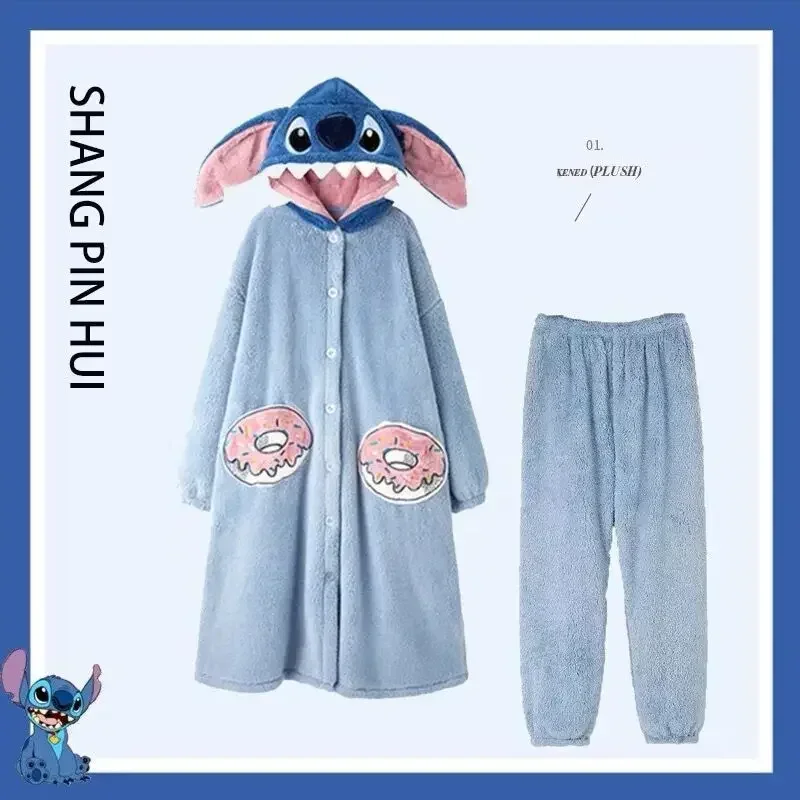 Kawaii Carton Stitch Flannel Sleepwear Pajamas Robe for Women Night Wear Warm Coral Velvet Women\'s Winter Pajamas Bathrobes