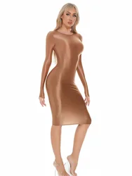 Sexy Women Oil Glossy Shiny Tight Pencil Dress Stain Smooth Bodycon Dress Elastic Push Up Packet Hip Stretch Step Dress