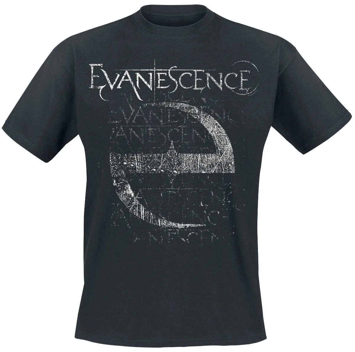 Evanescence Grunge Logo Tee, Gothic Rock T-Shirt with Faded Crescent & Repeated Text Print, Band Fan Merch