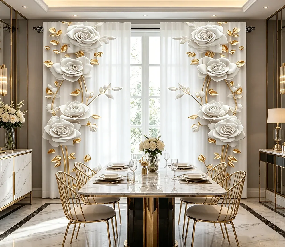 2PCS Digital Printed Curtains, White Rose Gold Leaf Elegant Pattern, Rod Pocket Window Drapes for Living Room Bedroom Decor