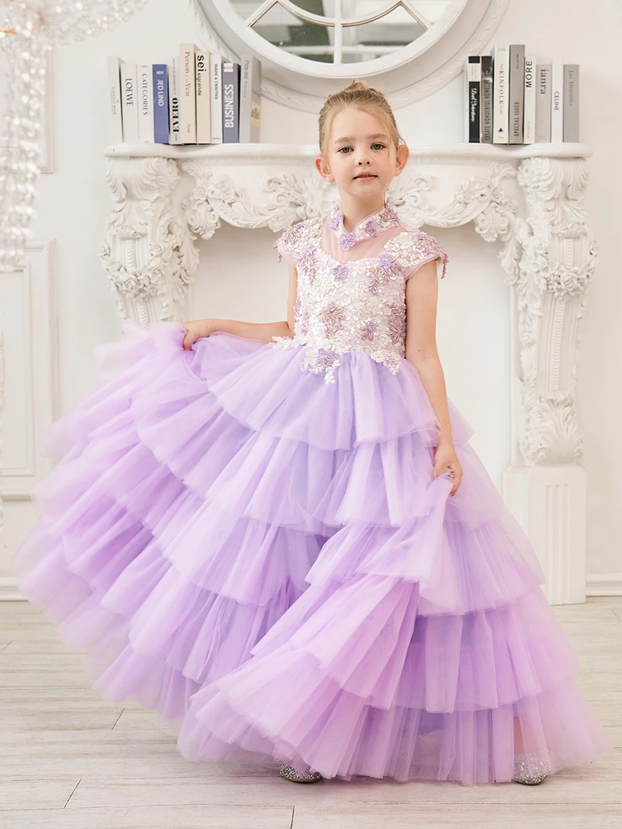 

Lavender Flower Girl Dresses Sequins Children Birthday Party Gowns Tiered Ruffles Floor Length Kids Wedding Guest Dresses