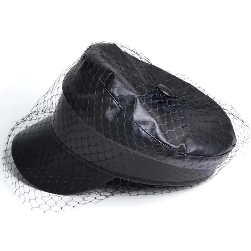 

Spring and Summer New Black PU Lace Veil Newsboy Caps Fmale Flat Top Black Mesh Letter Multiple Styles Fashion Hats