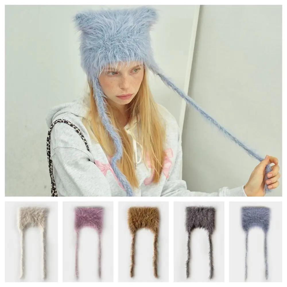 Fashion Kitty Cat Ear Hat Cute Warm Pullover Furry Cap Ins Soft Plush Winter Beanies Ski